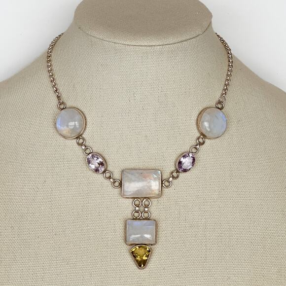 Sterling Silver 7 Gem Necklace Artisan Crafted Moonstone Amethyst Citrine 925 - Picture 7 of 13